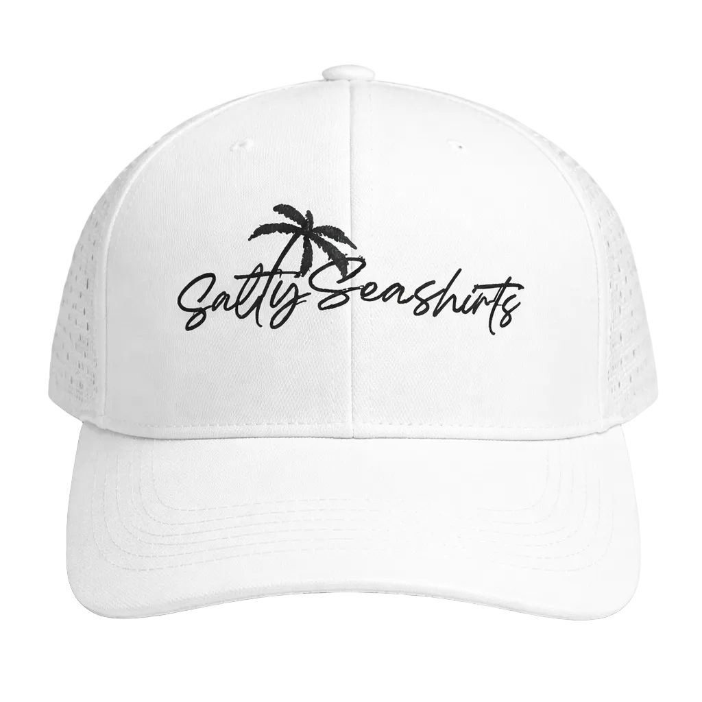 White cap with 'Salty Seashirts' logo on a white background