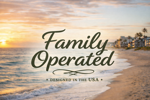 Beach scene with 'Family Operated, Designed in the USA' text overlay