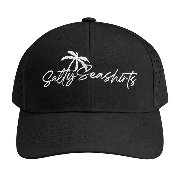 Black cap with 'Salty Seashirts' logo on a white background