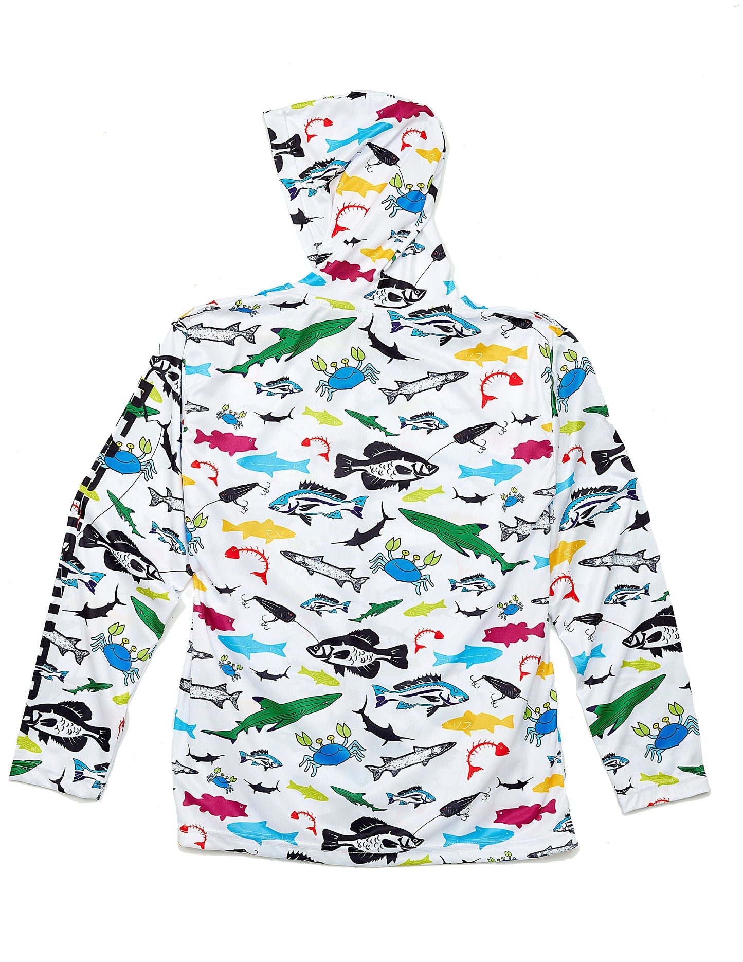 Dead Fish Hook hoodie with multicolor fish print long sleeve performance shirt back view