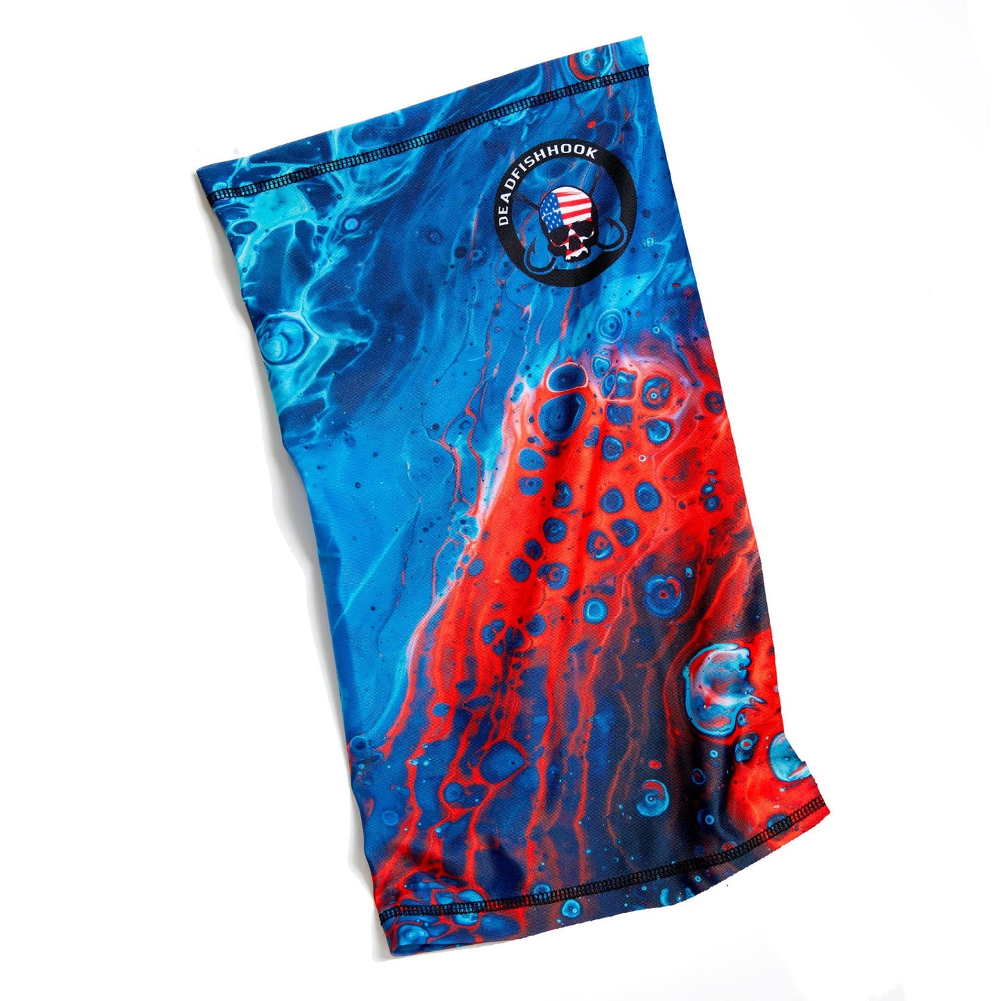 Dead Fish Hook blue and red print Neck Gaiter flat