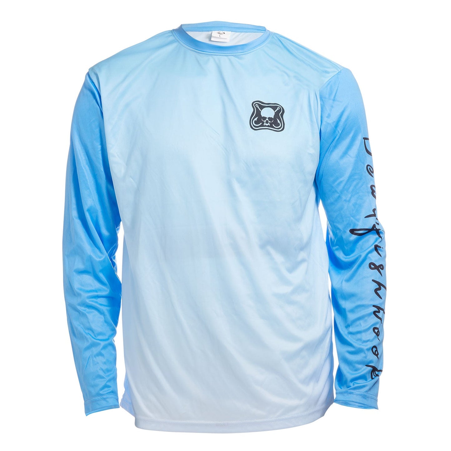 Dead Fish Hook blue long sleeve performance fishing patch logo shirt front view