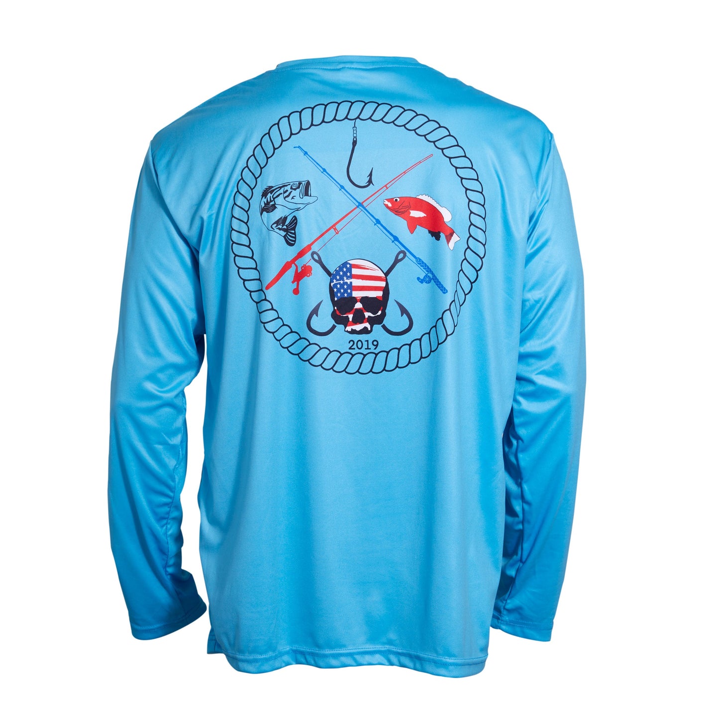 Dead Fish Hook blue performance long sleeve fishing shirt 2019 print back view