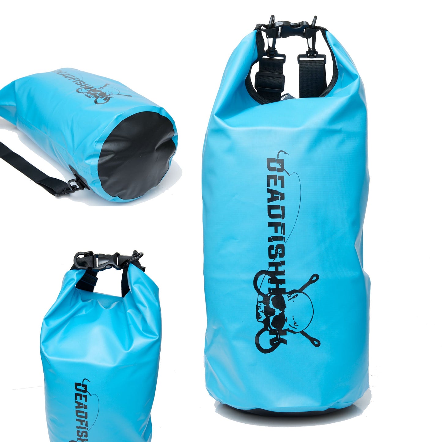 Dead Fish Hook blue fishing dry bag on three points of views