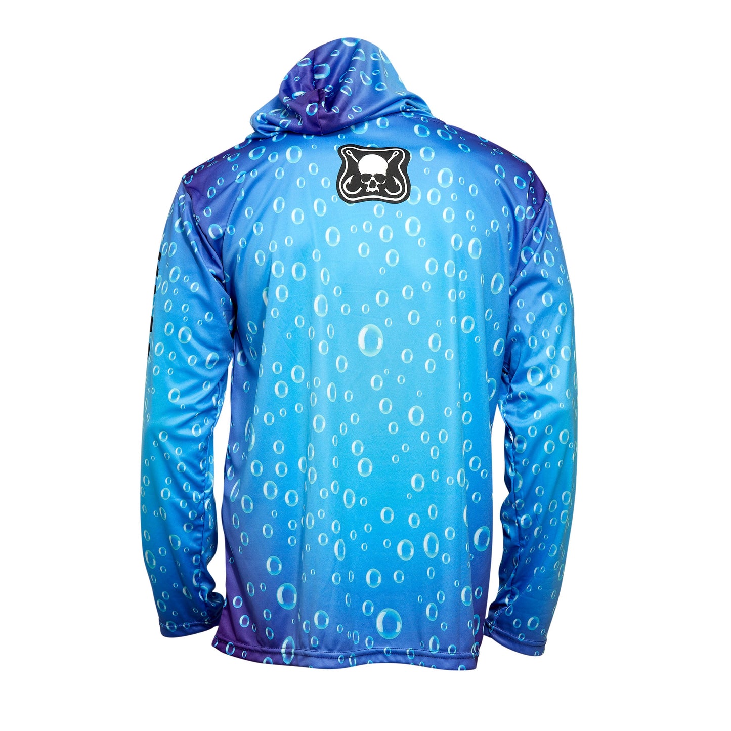 Dead Fish Hook long sleeve performance fishing hoodie water bubbles print and brand logo top center view