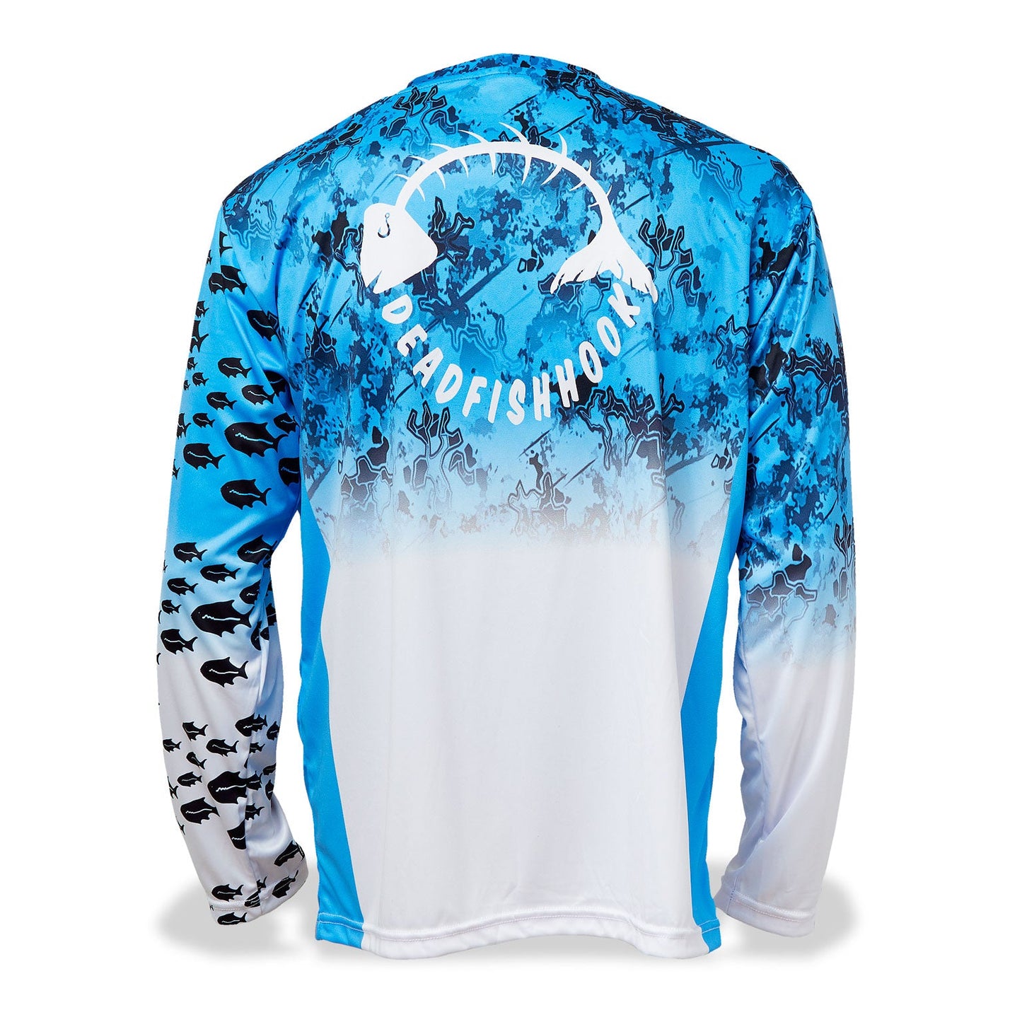 Dead Fish Hook long sleeve performance fishing shirt with blue and white print school of fish print on sleeve and fish bone logo on back - back view