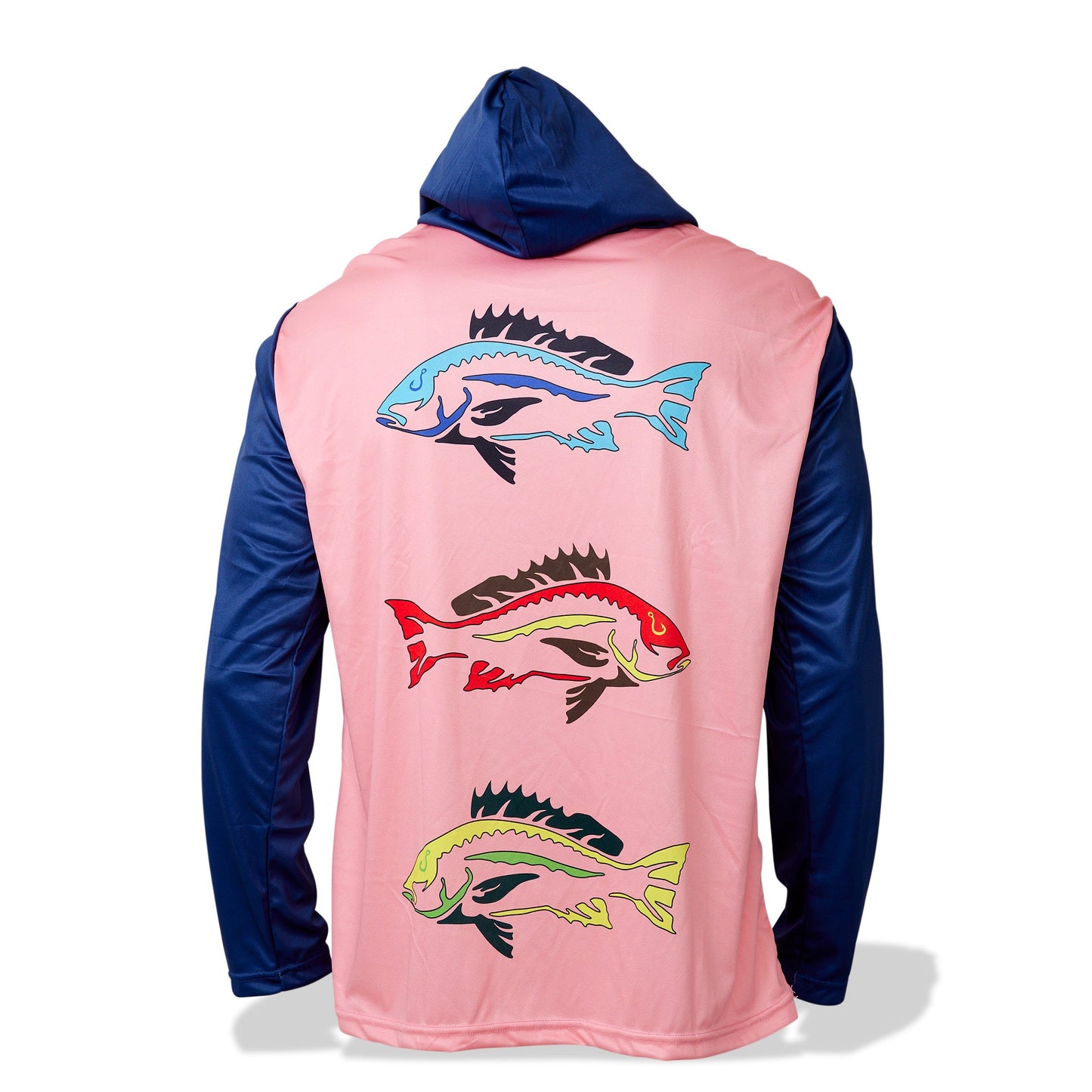 Dead Fish Hook long sleeve performance fishing shirt in blue and pink with colored fish print - back view