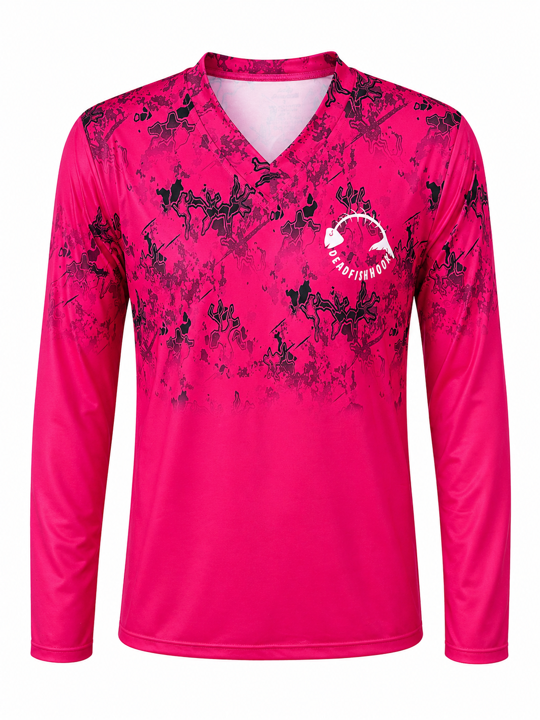 Pink long-sleeve shirt with black camouflage pattern and logo on a white background