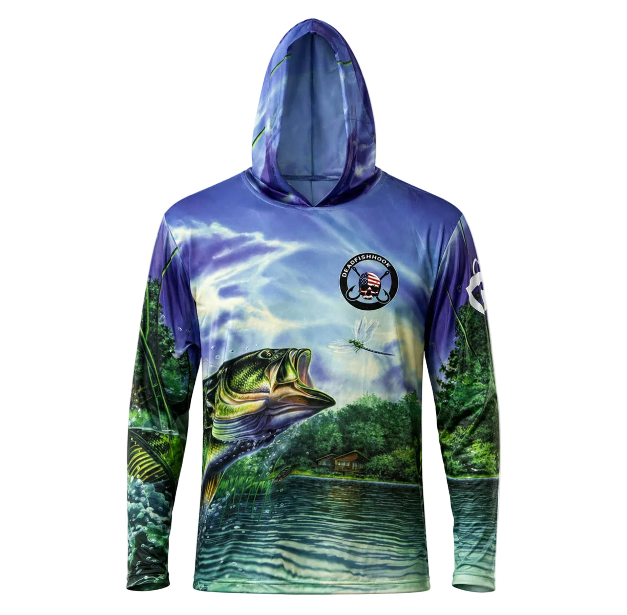 Fishing-themed hoodie with a design of a fish and nature elements on a white background