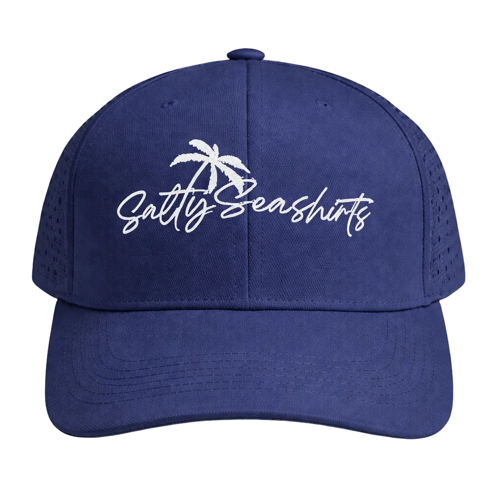 Blue cap with 'Salty Seashirts' logo on a white background