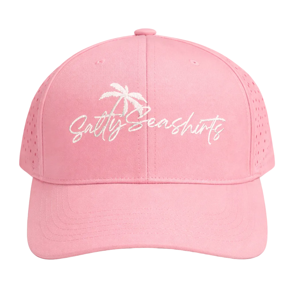 Pink cap with 'Salty Seashirts' text and palm tree design on a white background