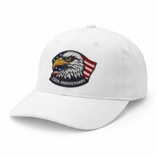 White cap with eagle and American flag design on a white background