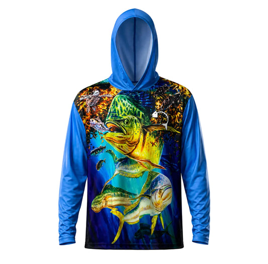 Blue hoodie with fish design on a white background