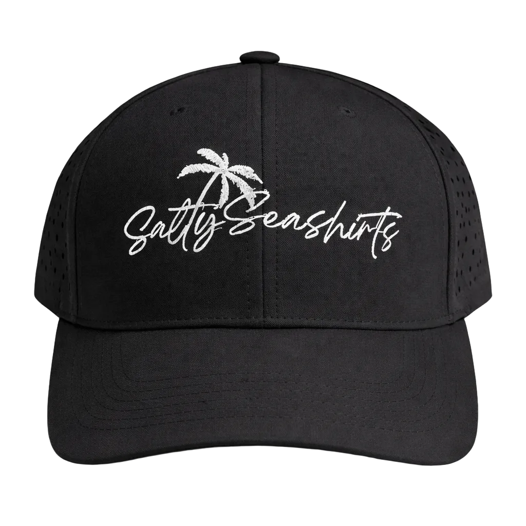 Black cap with 'Salty Seashirts' logo on a white background