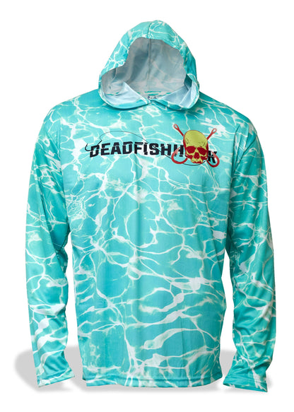 Dead Fish Hook electric blue water print long sleeve hoodie front view