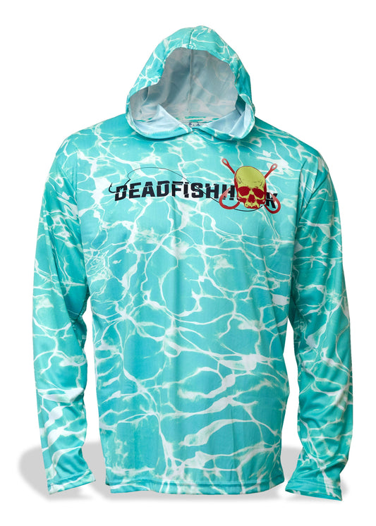 Dead Fish Hook electric blue water print long sleeve hoodie front view