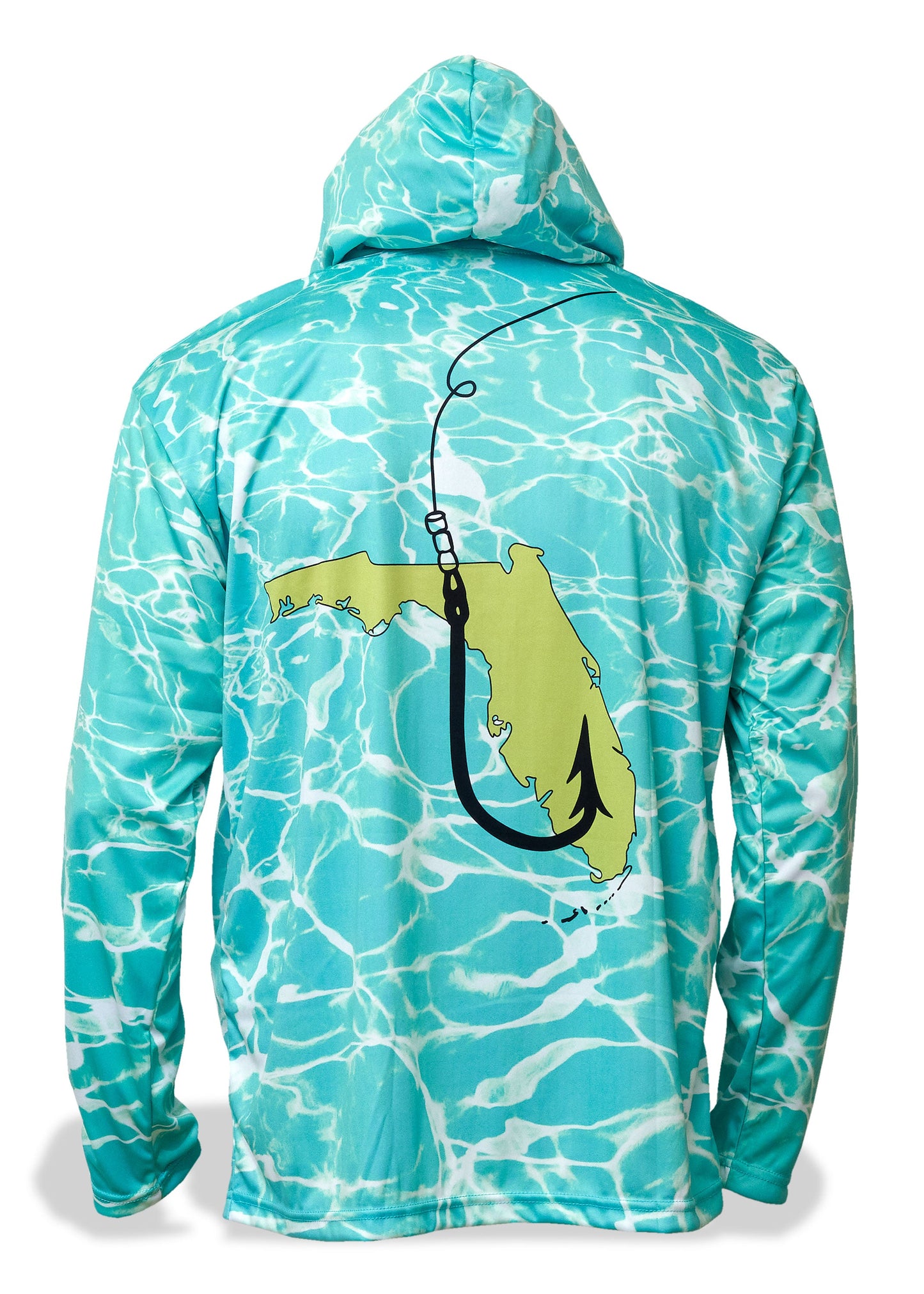 Dead Fish Hook Florida electric blue water print long sleeve hoodie front view