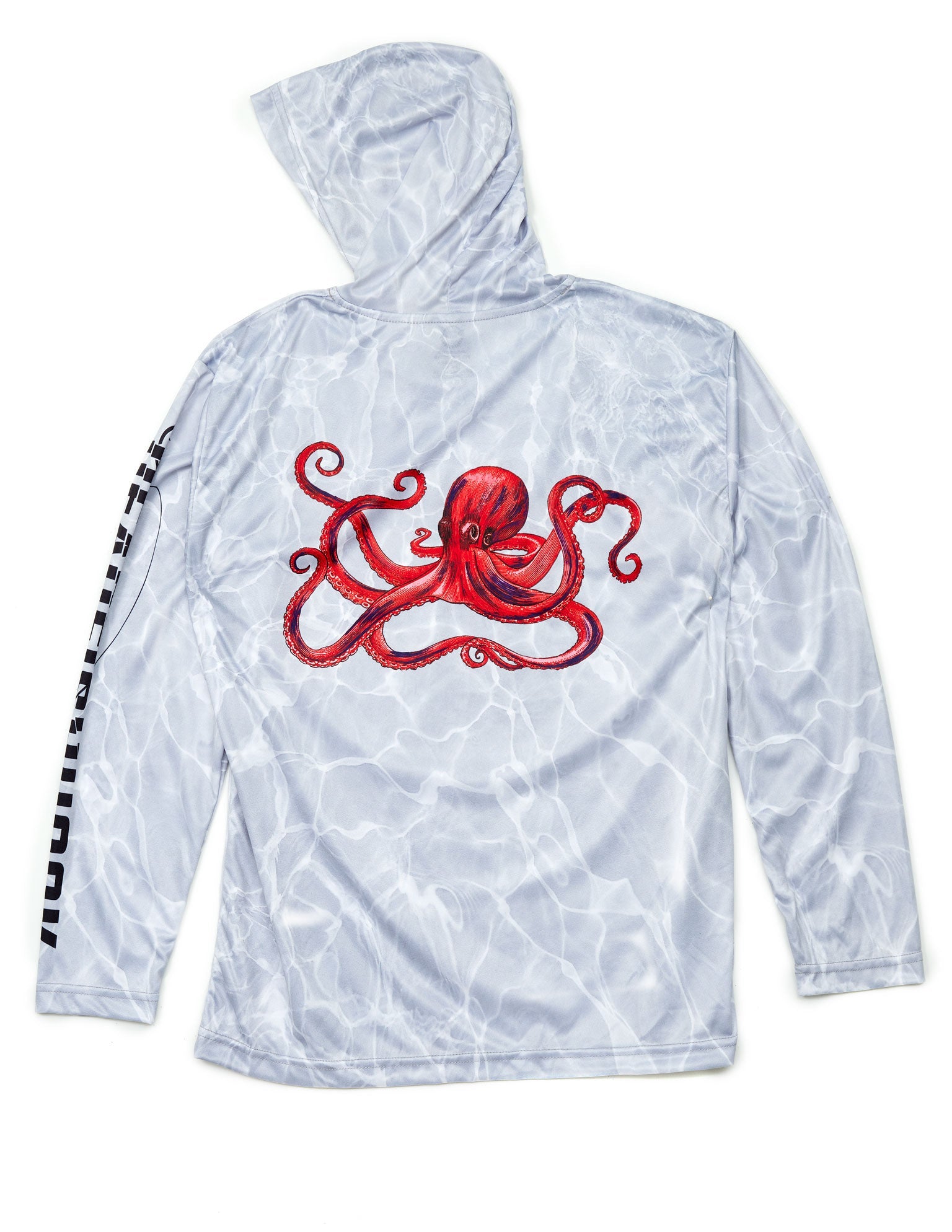 water marked white hoodie with red octopus on center back long sleeve performance shirt back view 