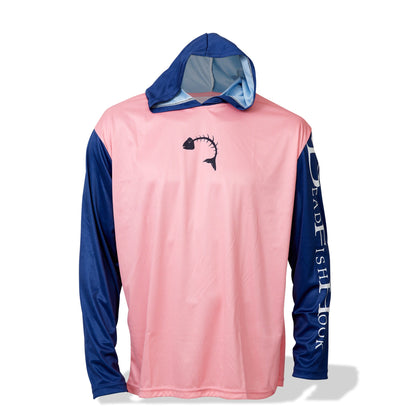 Dead Fish Hook long sleeve performance fishing shirt in blue and pink with fish bone print - front view