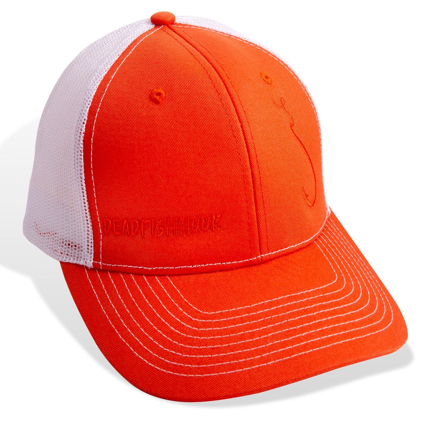 Dead Fish Hook Youth Orange Truckers Hat with white details front view 