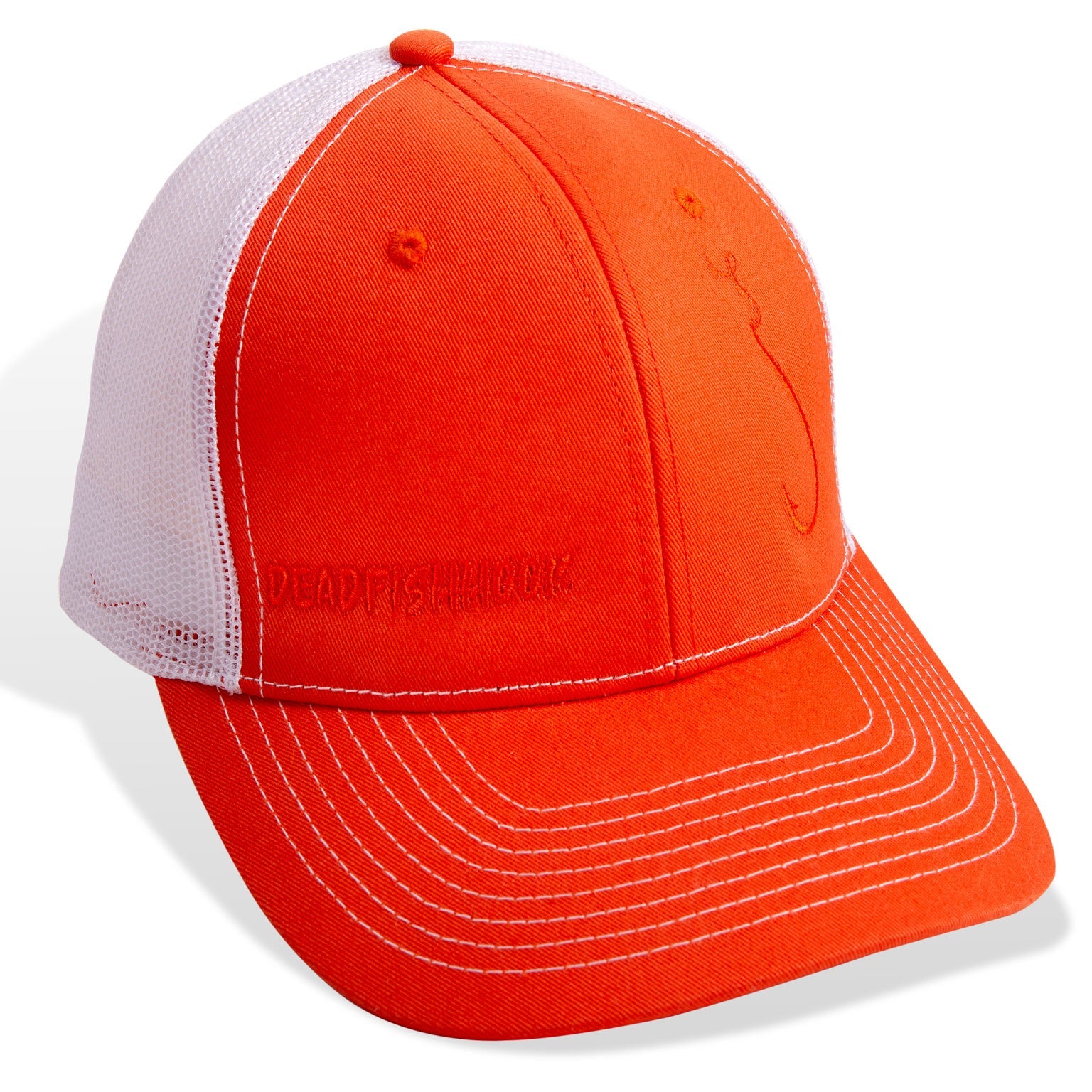 Dead Fish Hook Youth Orange Truckers Hat with white details front view 