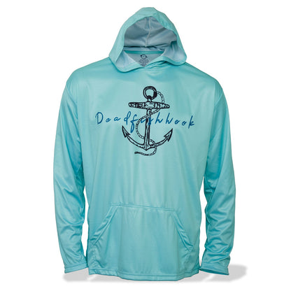 Dead Fish Hook long sleeve hoodie performance fishing shirt for men in turquoise with front pockets - front view