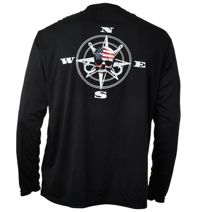 Dead Fish Hook black patriotic skull compass long sleeve performance fishing shirt back