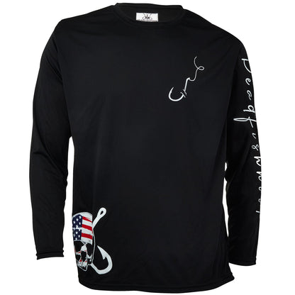 Dead Fish Hook black patriotic skull long sleeve performance fishing shirt front