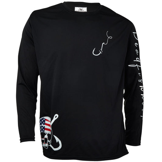 Dead Fish Hook black patriotic skull long sleeve performance fishing shirt front