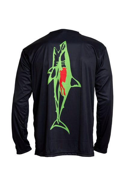 Dead Fish Hook black performance long sleeve fishing shirt lime green print back view
