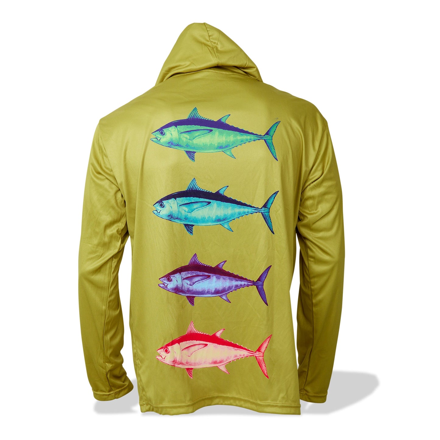 Dead Fish Hook long sleeve hoodie performance fishing shirt for men in mustard yellow with four colored fish print back view