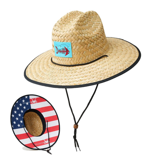 Dead Fish Hook fish bone straw hat top and American flag bottom views 