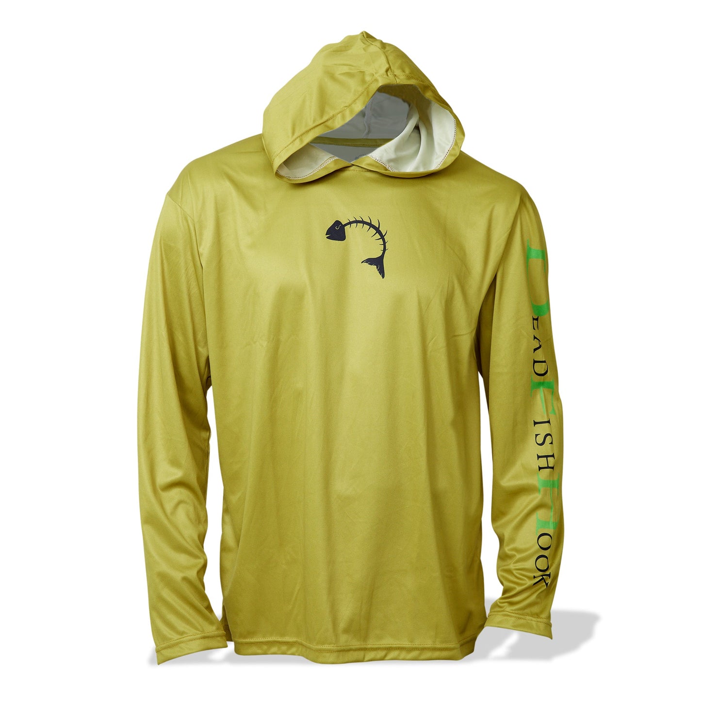 Dead Fish Hook long sleeve hoodie performance fishing shirt for men in yellow with fish bones print front view