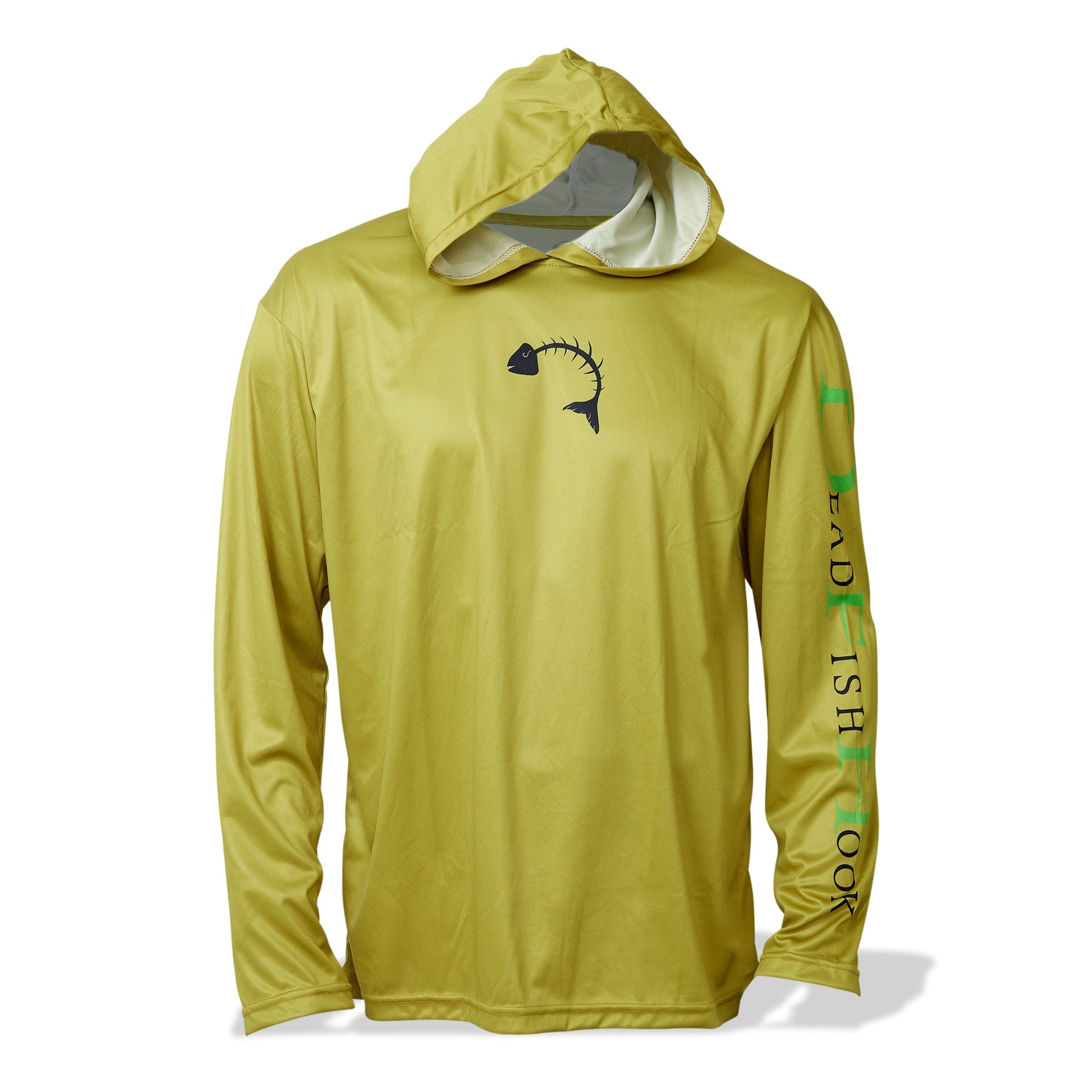Dead Fish Hook long sleeve hoodie performance fishing shirt for men in yellow with fish bones print front view