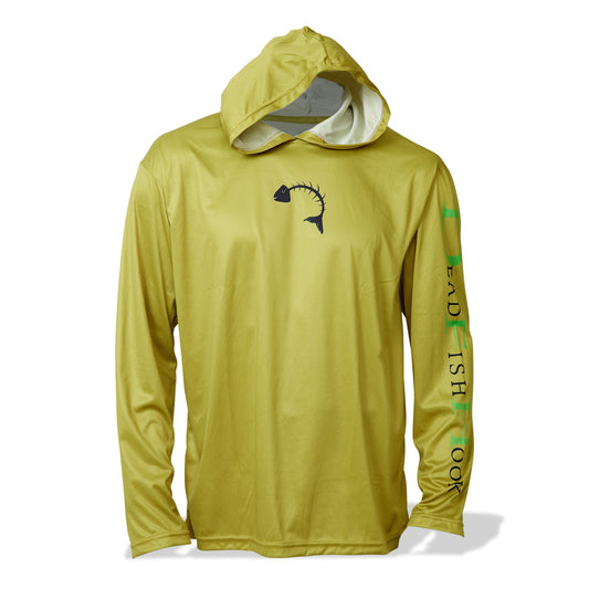 Dead Fish Hook long sleeve hoodie performance fishing shirt for men in yellow with fish bones print front view