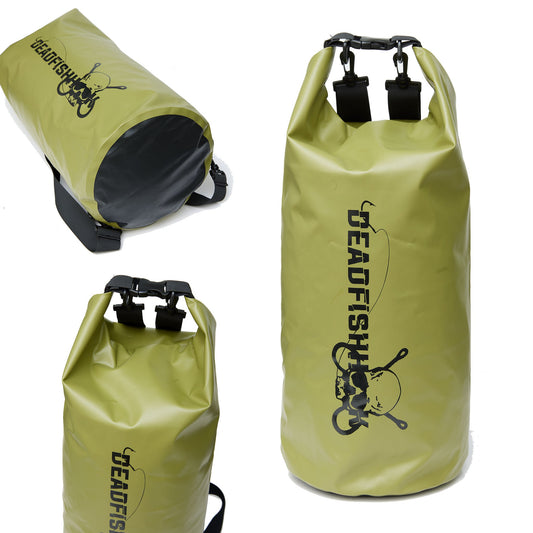 Dead Fish Hook army green fishing dry bag on three points of views 
