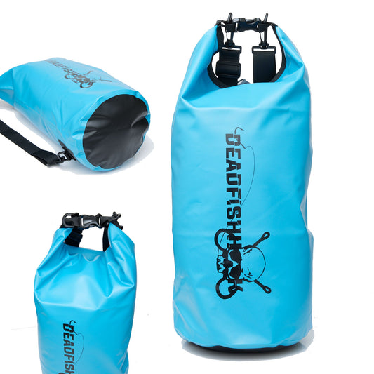 Dead Fish Hook blue fishing dry bag on three points of views