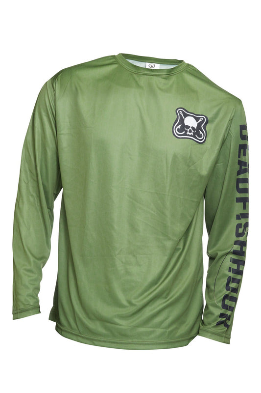 Dead Fish Hook green Patch Logo Long Sleeve performance fishing shirt front