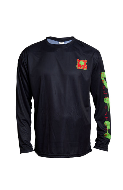Dead Fish Hook long sleeve black performance fishing shirt with red and lime green logo and print on sleeve front view