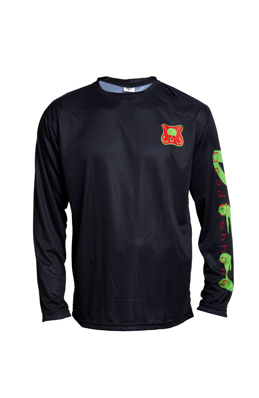 Dead Fish Hook long sleeve black performance fishing shirt with red and lime green logo and print on sleeve front view