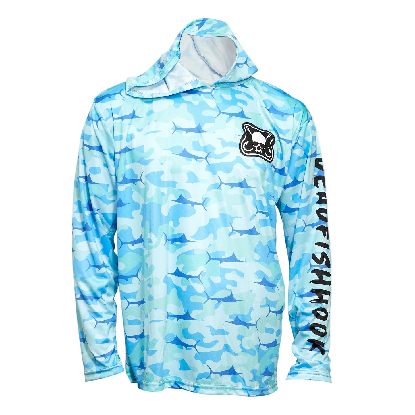 Blue camouflage hoodie with a brand logo on a white background