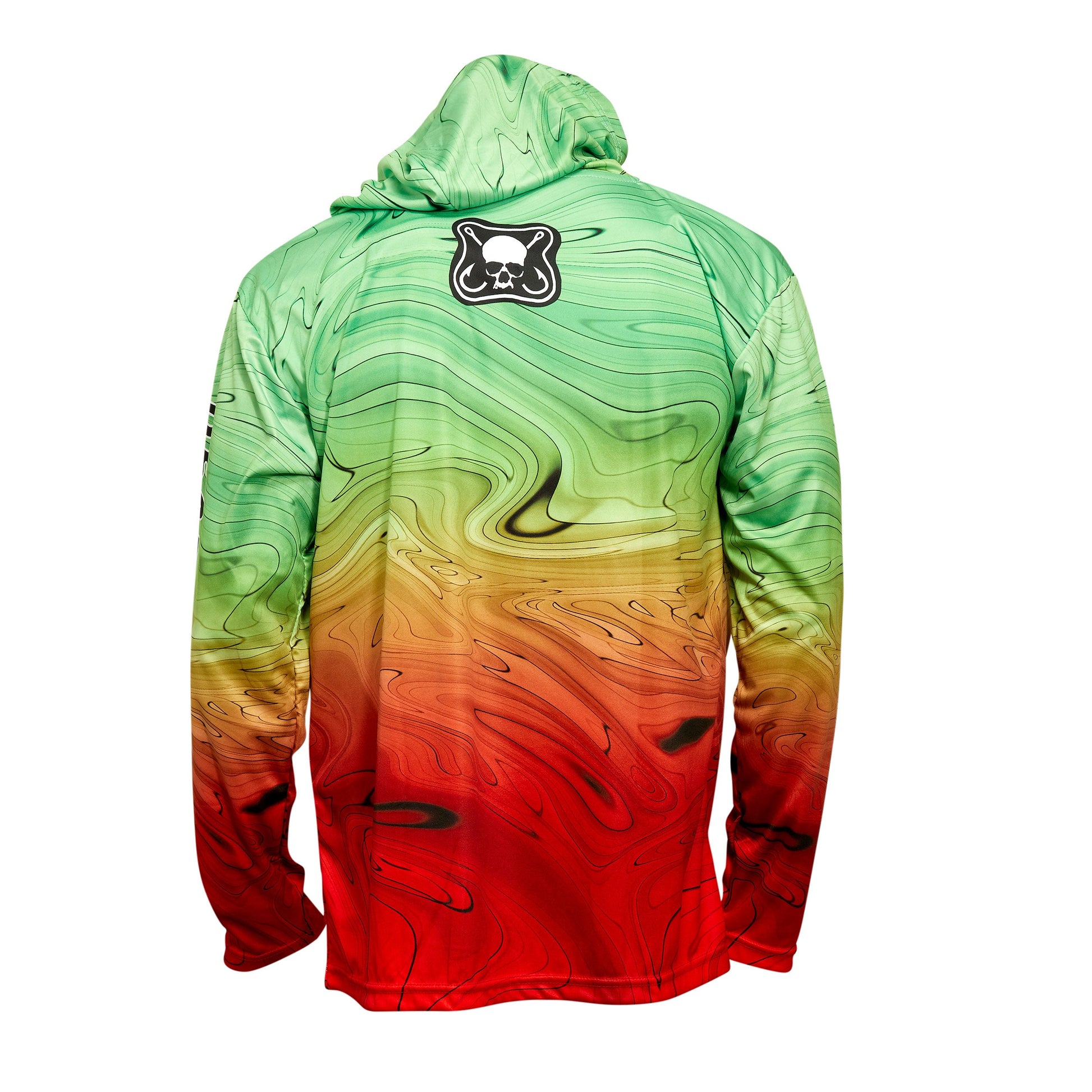 Dead Fish Hook long sleeve performance fishing hoodie green red yellow swirl print back