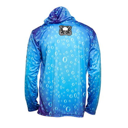Dead Fish Hook long sleeve performance fishing hoodie water bubbles print and brand logo top center view 