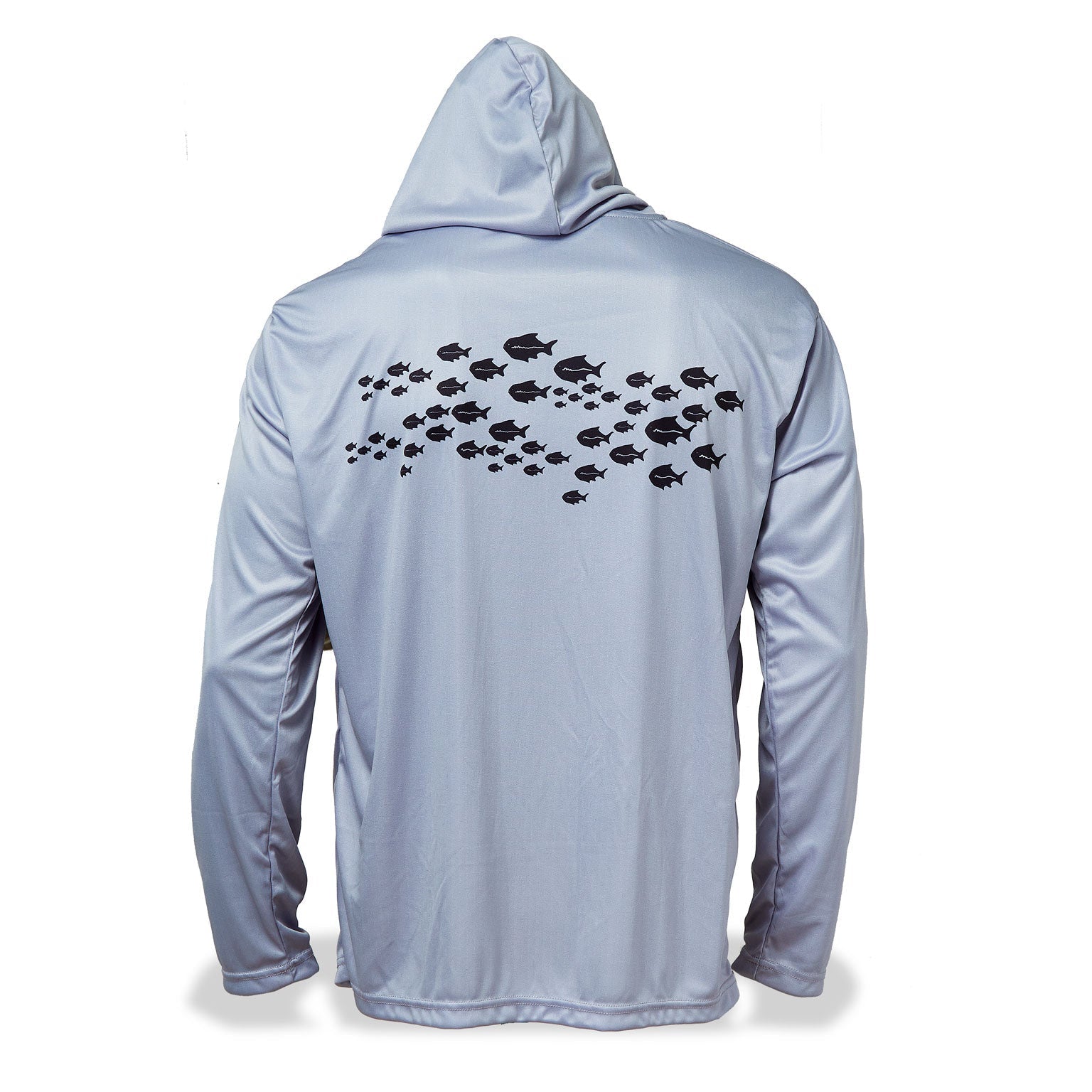 Dead Fish Hook long sleeve performance fishing shirt in grey with school of fish print on back - back view