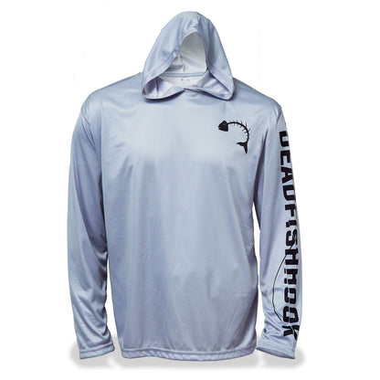 Dead Fish Hook long sleeve performance fishing shirt in grey with school of fish print on back - front view