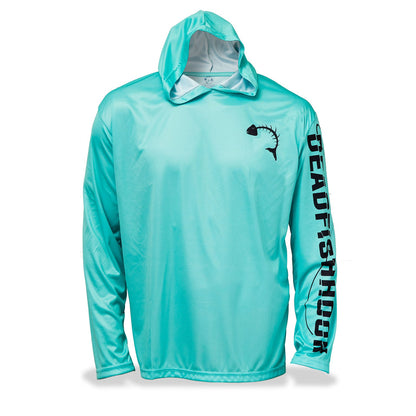 Dead Fish Hook long sleeve performance fishing shirt in turquoise with school of fish print on back - front view