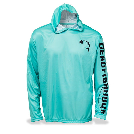 Dead Fish Hook long sleeve performance fishing shirt in turquoise with school of fish print on back - front view