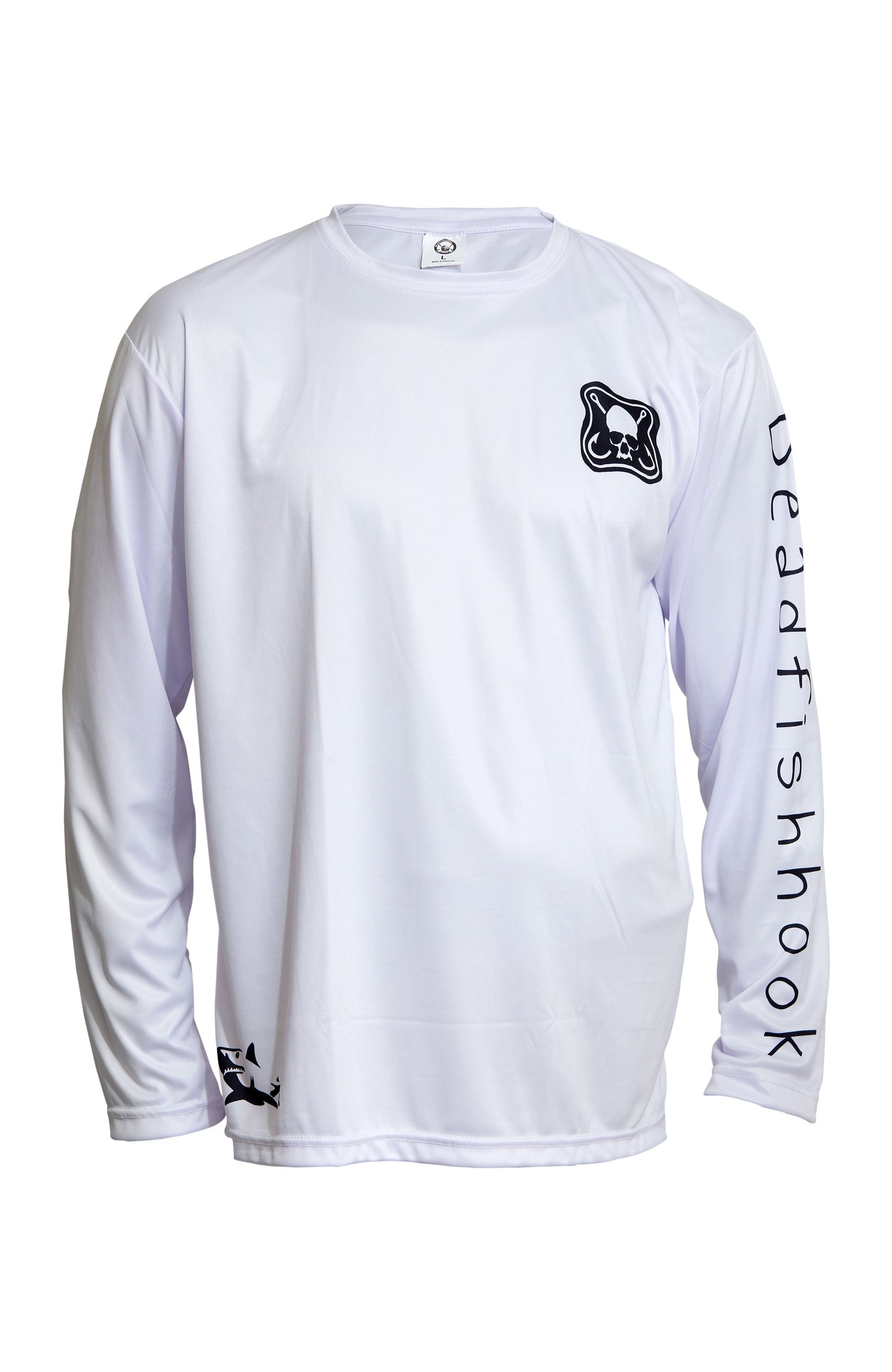 Dead Fish Hook white long sleeve performance fishing shirt with logo front view