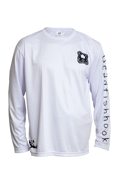 Dead Fish Hook white long sleeve performance fishing shirt with logo front view
