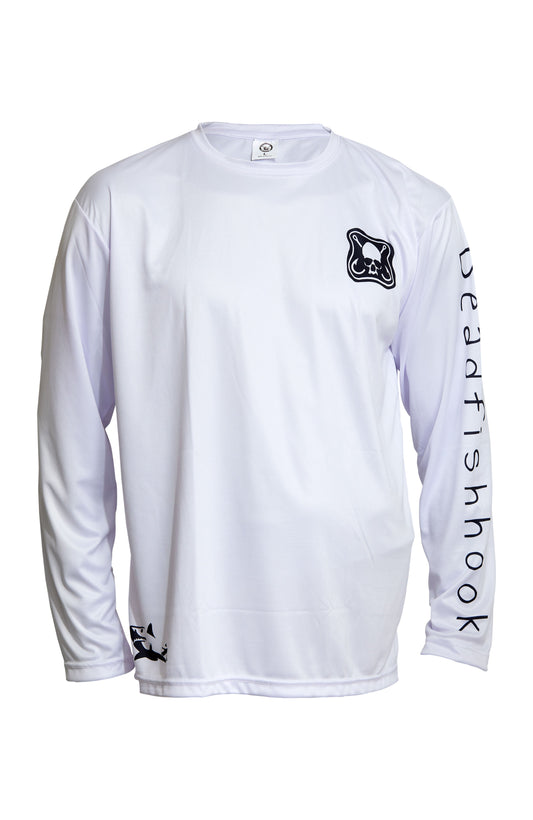 Dead Fish Hook white long sleeve performance fishing shirt with logo front view